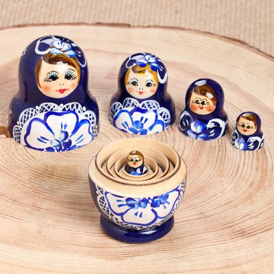 Матрёшка дерево «Гжель», синее платье, 5 кукольная, 9.5-11 см