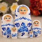 Матрёшка дерево «Гжель», белое платье, 5 кукольная, 10 см - Фото 5