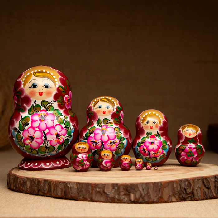 Матрёшка «Цветочки», розовое платье, 10 кукольная, 12-14 см - Фото 1