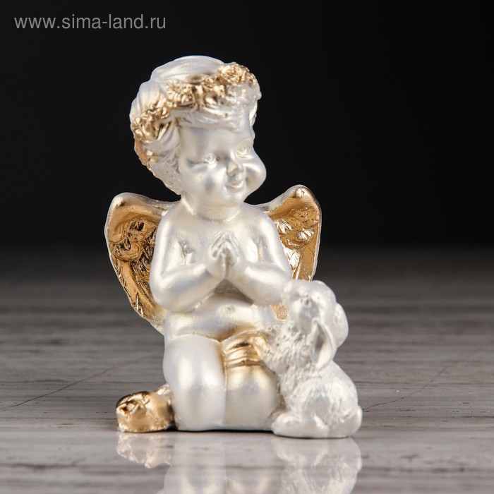 Статуэтка "Ангел с зайчиком" перламутр с золотом, 9 см - Фото 1