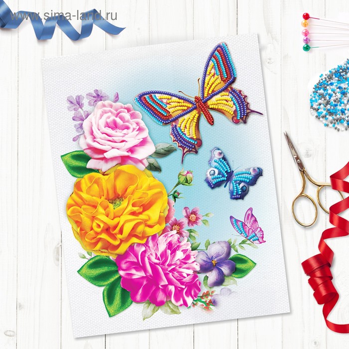 Вышивка объёмная бисером и лентами "Бабочки", 24 × 32 см - Фото 1