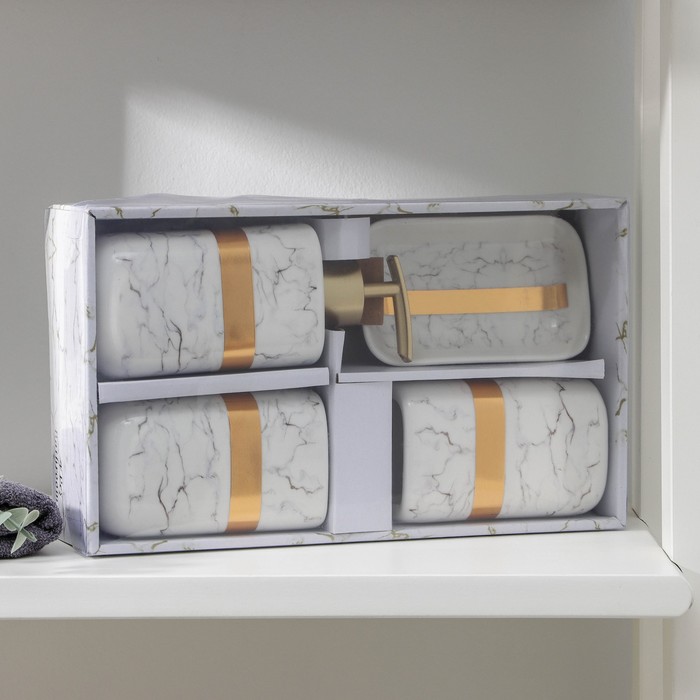 Набор аксессуаров для ванной комнаты «Кохалонг», 4 предмета (мыльница, дозатор для мыла, 2 стакана), цвет белый - фото 1905471239
