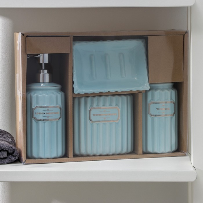 Набор аксессуаров для ванной комнаты «Классика», 4 предмета (дозатор 350 мл, мыльница, 2 стакана), цвет голубой - фото 1905471247