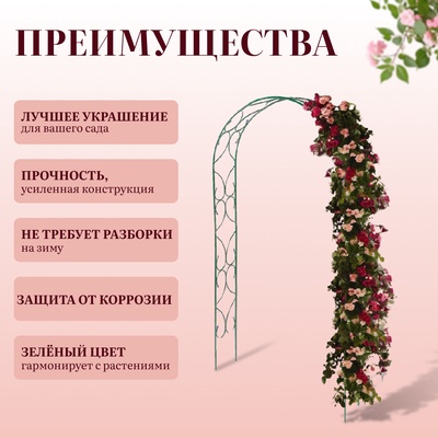 Арка садовая, 240×120×30 см, для вьющихся растений, металлическая, зелёная, «Узор-2»