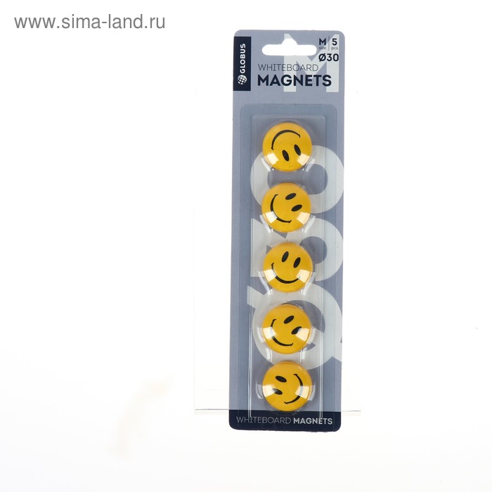 Магниты для досок "Смайлики" 30 мм, 5 штук, GLOBUS желтые - Фото 1