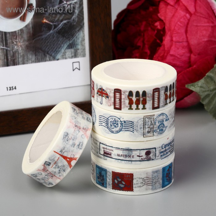 Клейкая лента декоративная бумажная "Путешествие" ширина 1,5 см намотка 10 м МИКС - Фото 1
