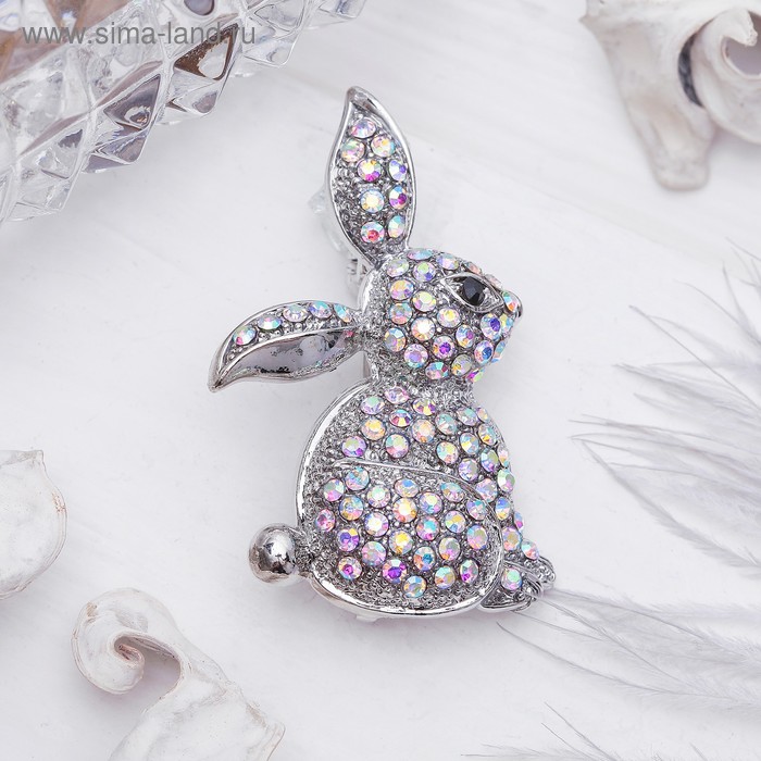 Брошь «Зайчик пасхальный», цвет радужный в серебре - Фото 1