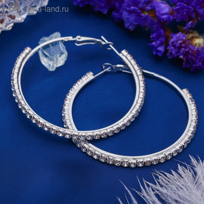 Серьги-кольца Princess дорожка, цвет белый в серебре, d=5 см - Фото 1