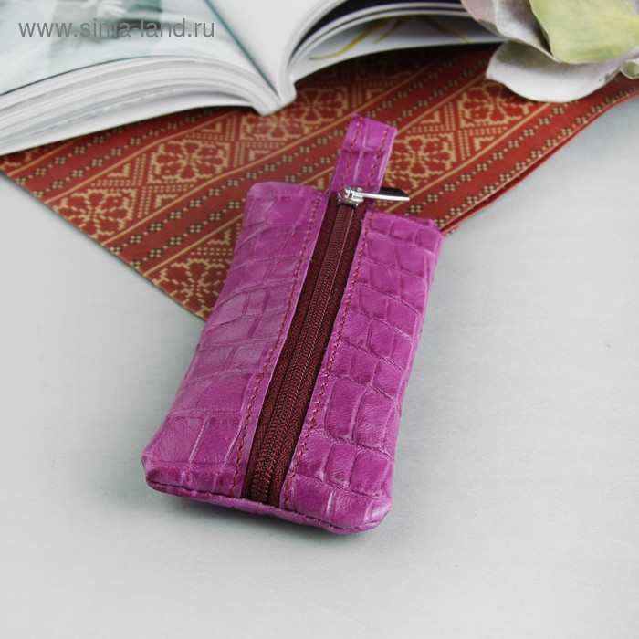 Ключница, отдел на молнии, металлическое кольцо, крокодил, цвет сиреневый - Фото 1