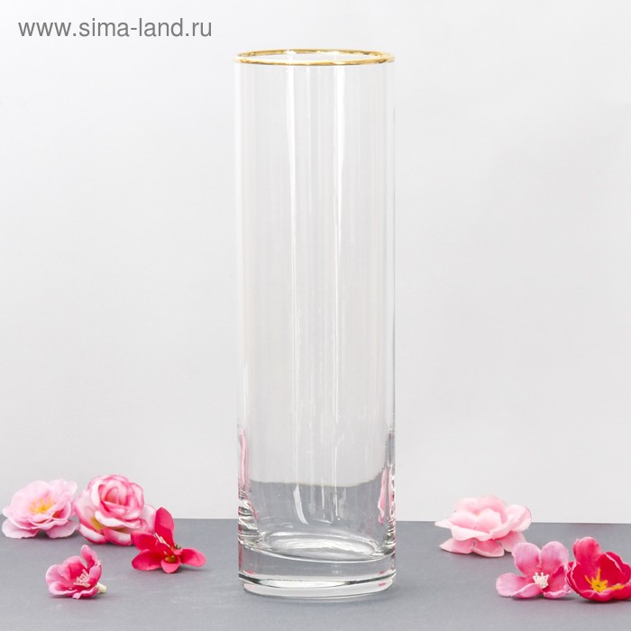 Ваза FLORA, c золотой отводкой, 7.5×26.5 см, стекло, прозрачная - Фото 1