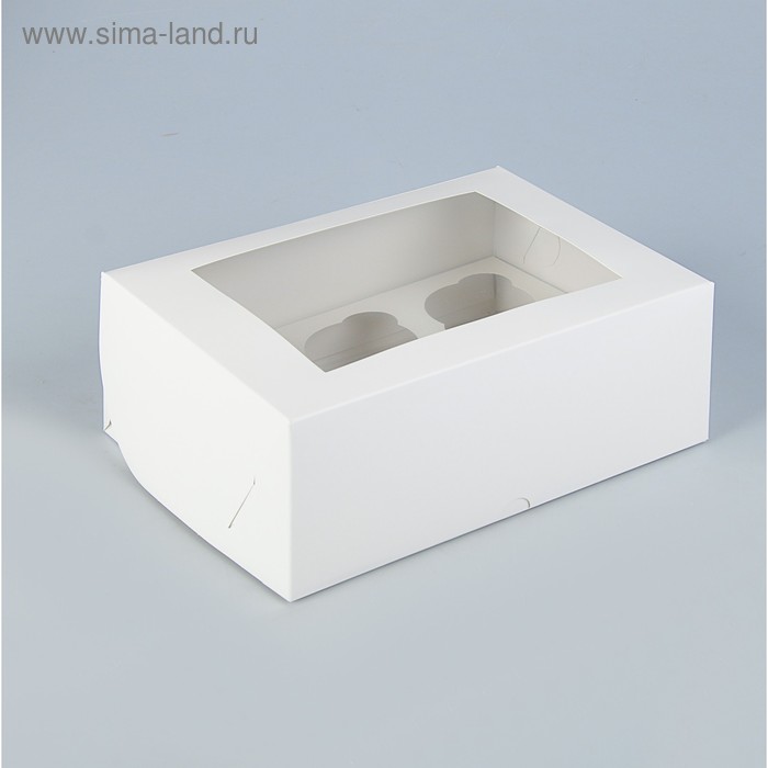 Коробка на 6 капкейков с окном, белая, 25 х 17 х 10 см - Фото 1