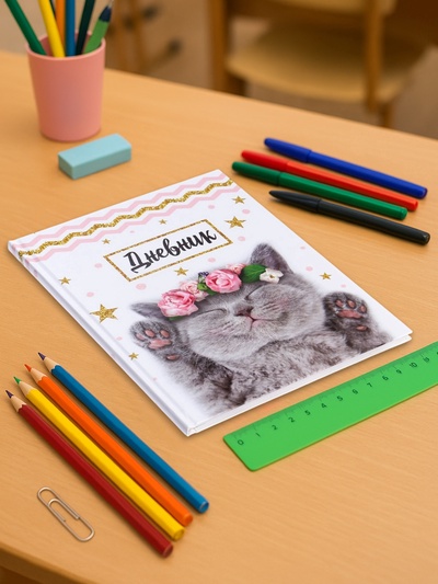 Дневник школьный для 1-11 классов, «Котенок с розами», твёрдая обложка 7БЦ, глянцевая ламинация, 40 листов