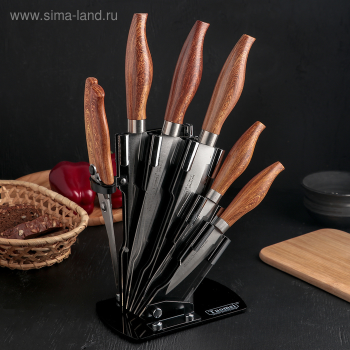 Набор ножей кухонных на подставке, ножи 9 см, 13 см, 17 см, 19 см, 20 см, цвет коричневый - Фото 1