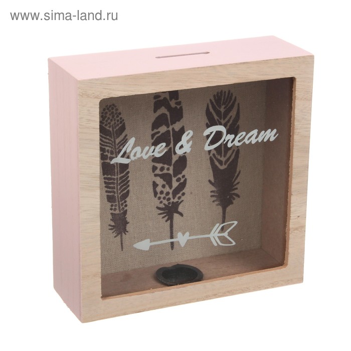 Копилка дерево, стекло "Пёрышки. Love & Dream" 17,8х17,8х6,5 см - Фото 1