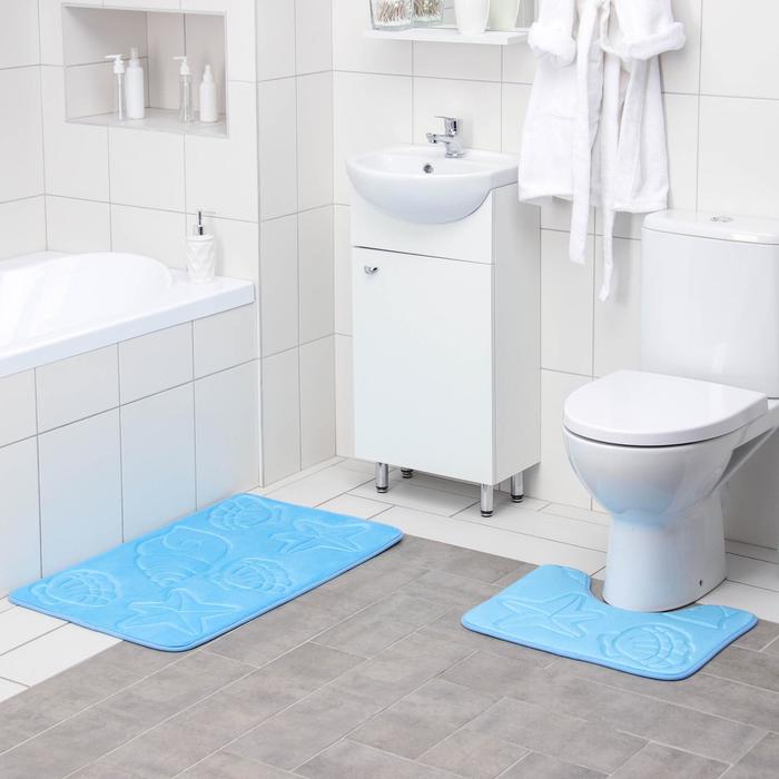 Набор ковриков для ванной и туалета «Ракушки», объёмные, 2 шт, 40×50, 50×80 см, цвет голубой - Фото 1