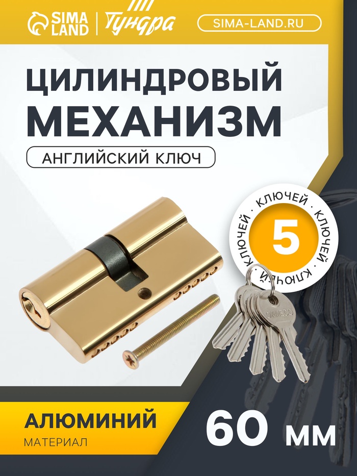 Цилиндровый механизм, 60 мм, английский ключ, 5 ключей, цвет золото - Фото 1