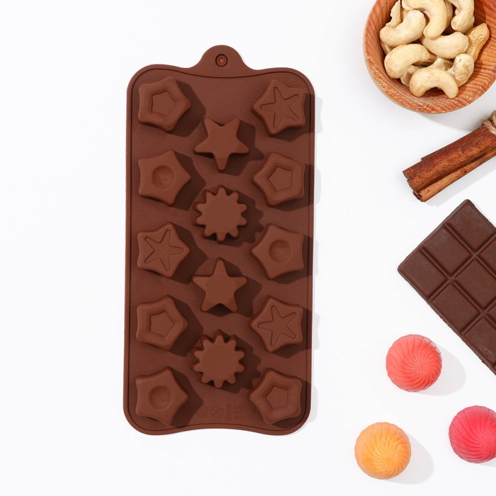 Форма для шоколада Доляна «Звёзды», 21×11×1,5 см, 14 ячеек (3×3 см), цвет коричневый