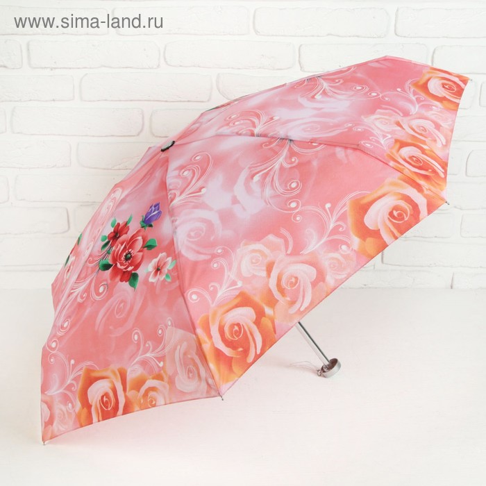 Зонт механический мини «Цветы», 4 сложения, 7 спиц, R = 47 см, цвет розовый - Фото 1