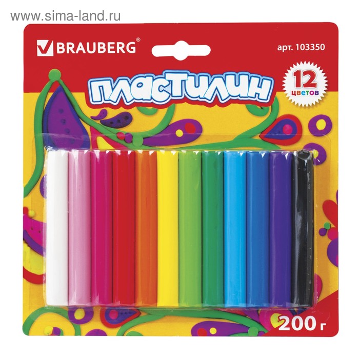 Пластилин BRAUBERG, 12 цветов, 200 г, в блистере - Фото 1