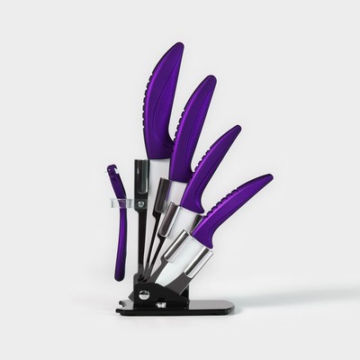 Набор кухонный «Изгиб», 5 предметов: ножи 7.5 см, 10 см, 13 см, 15 см, овощечистка, на подставке, фиолетовый
