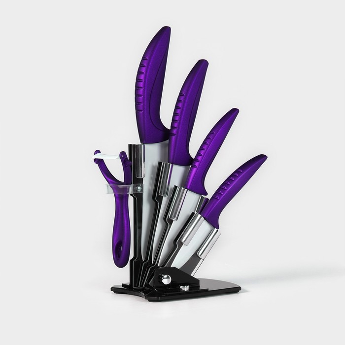 Набор кухонный «Изгиб», керамика, 6 предметов: ножи 7.5 см, 10 см, 13 см, 15 см, овощечистка, подставка, фиолетовый - Фото 1