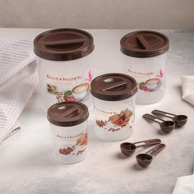 Набор банок для сыпучих продуктов, 4 шт: 12,5×16,5/10×13,5/8×11/6,5×9 см, с ложками, цвет МИКС