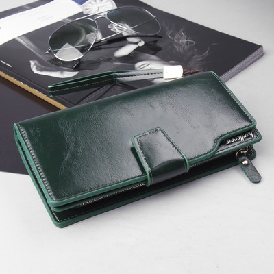 Кошелёк женский, 4 отдела, для карт, для монет, с ручкой, цвет зелёный