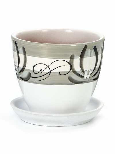 Горшок для цветов «Лотос», керамический, с поддоном, 1.1 л, белый с зелёными полосками