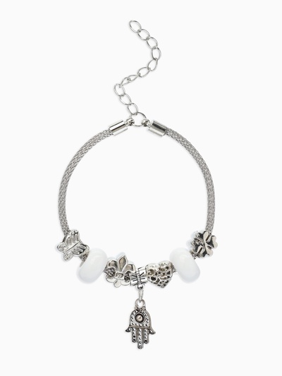 Браслет «Марджери» рука хамса, белый в серебре, L=19 см