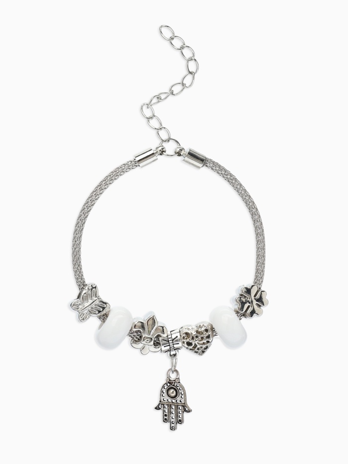 Браслет с шармами «Марджери. Рука хамса», белый в серебре, L=19 см - Фото 1
