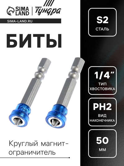 Биты ТУНДРА, намагниченные, сталь S2, круглый магнитный фиксатор, PH2×50 мм, 2 шт.