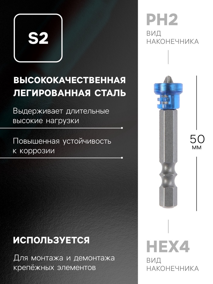 Биты ТУНДРА, намагниченные, сталь S2, круглый магнитный фиксатор, PH2 х 50 мм, 2 шт. - фото 18518621