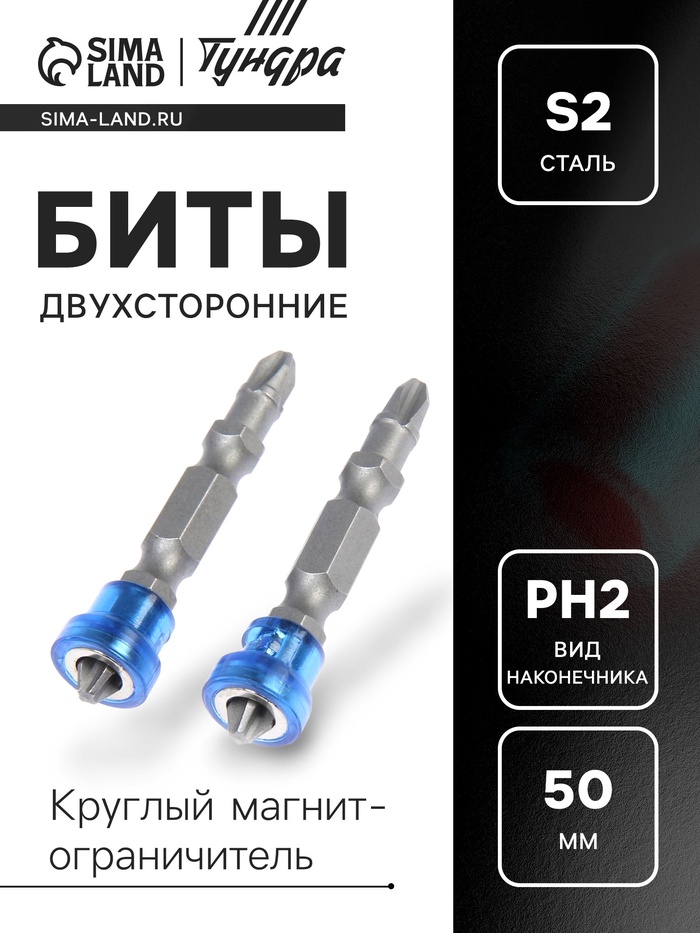 Биты двухсторонние ТУНДРА, сталь S2, круглый магнит-ограничитель, PH2×50 мм, 2 шт. - Фото 1