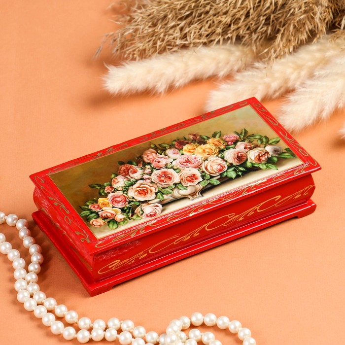 Шкатулка - купюрница «Розы в вазе», красная, 8,5×17 см, лаковая миниатюра - фото 1906925689