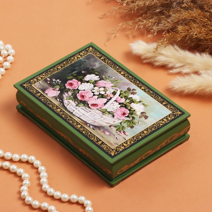 Шкатулка «Розы с полевыми цветами в корзине», зелёная, 11×16 см, лаковая миниатюра - Фото 1