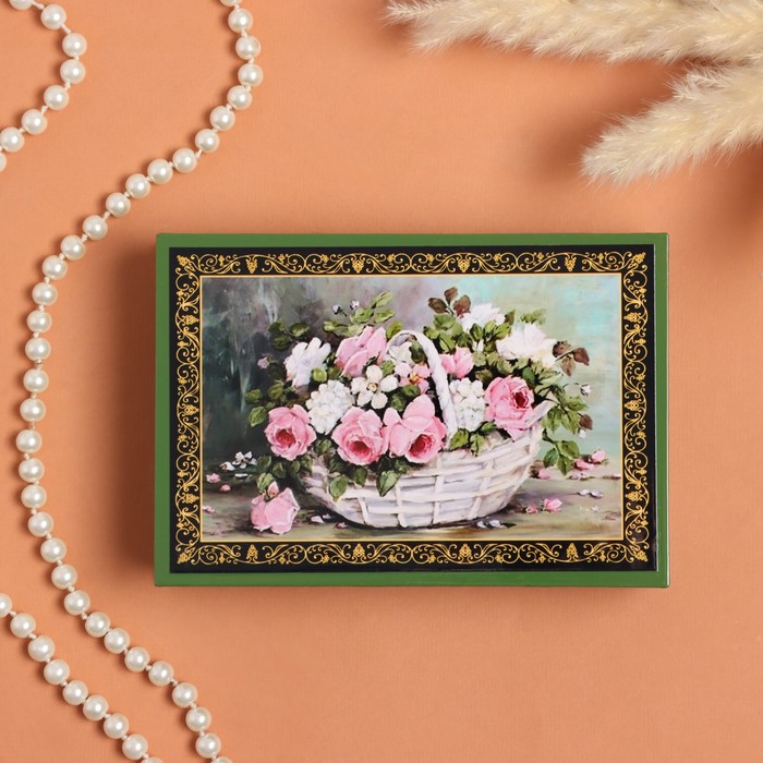 Шкатулка «Розы с полевыми цветами в корзине», зелёная, 11×16 см, лаковая миниатюра - фото 1886308580
