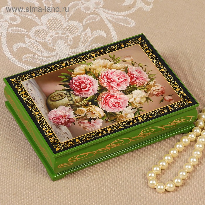 Шкатулка «Бело-розовые цветы», зелёная, 10×14 см, лаковая миниатюра - Фото 1