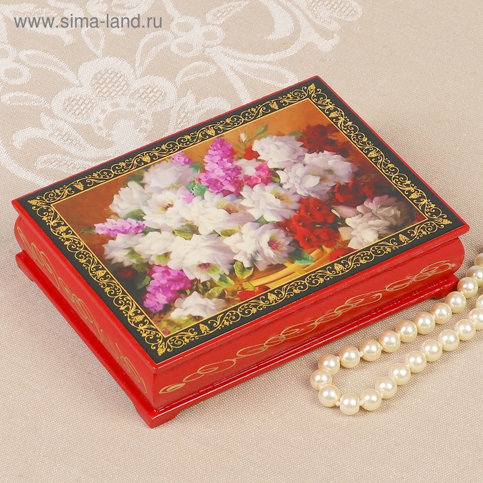 Шкатулка «Цветы в корзине», красная, 10×14 см, лаковая миниатюра - Фото 1