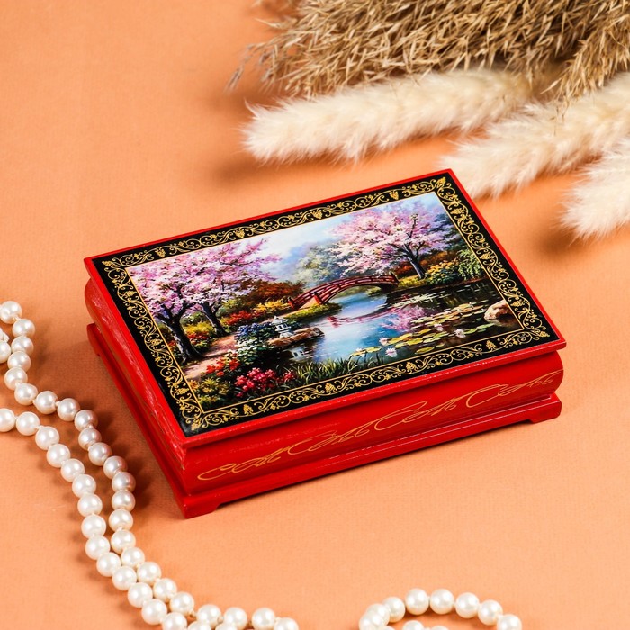 Шкатулка «Цветение сакуры», красная, 10×14 см, лаковая миниатюра - фото 1906925711