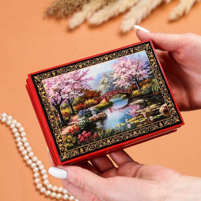 Шкатулка «Цветение сакуры», красная, 10×14 см, лаковая миниатюра - фото 1906925713
