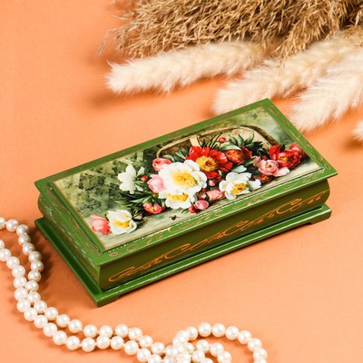 Шкатулка - купюрница «Букет цветов», зелёная, 8,5×17 см, лаковая миниатюра