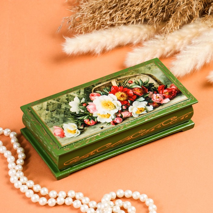 Шкатулка - купюрница «Букет цветов», зелёная, 8,5×17 см, лаковая миниатюра - фото 1906925717
