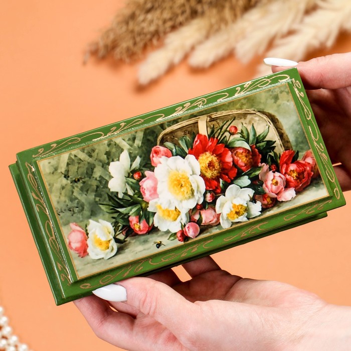 Шкатулка - купюрница «Букет цветов», зелёная, 8,5×17 см, лаковая миниатюра - фото 1927387140