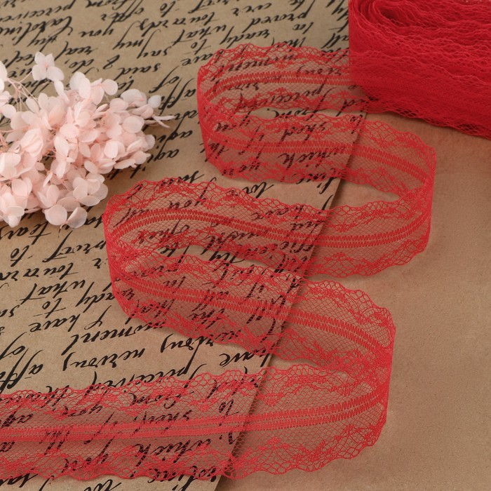 Кружево капроновое, 35 мм, 10±1 м, цвет красный