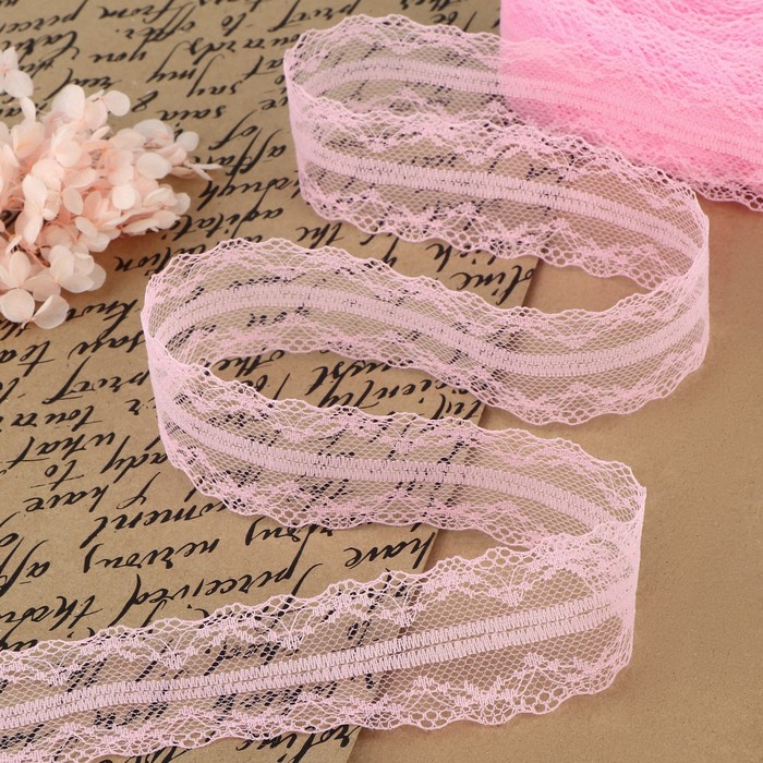 Кружево капроновое, 40 мм × 10 ± 1 м, цвет розовый