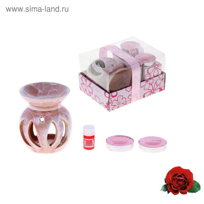 Подарочный набор 4в1 "Релакс": аромалампа, 2 свечи в гильзе, аромамасло 3 мл, аромат роза - Фото 1