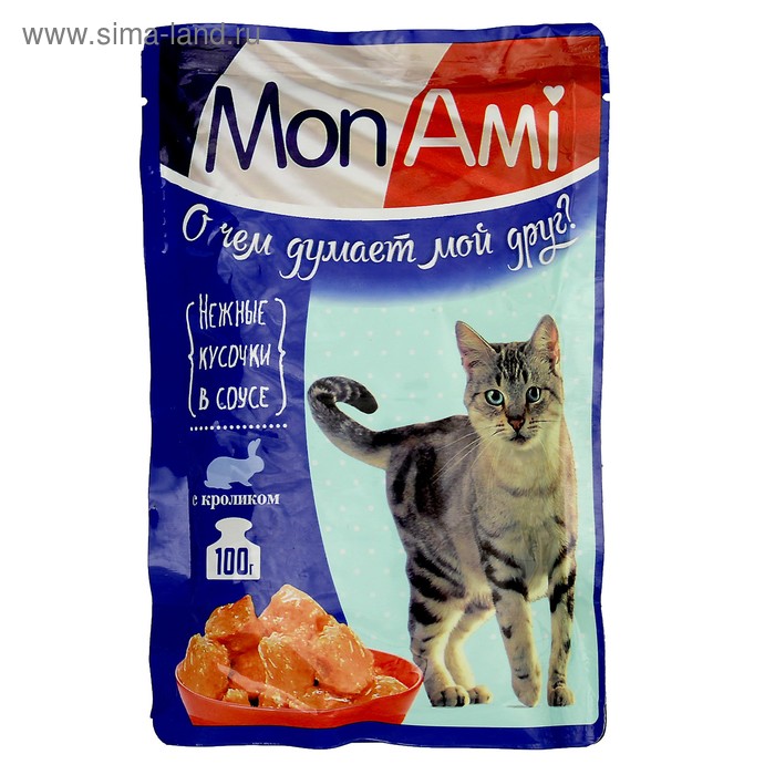 Влажный корм MonAmi для кошек, нежные кусочки кролика, пауч, 100 г - Фото 1