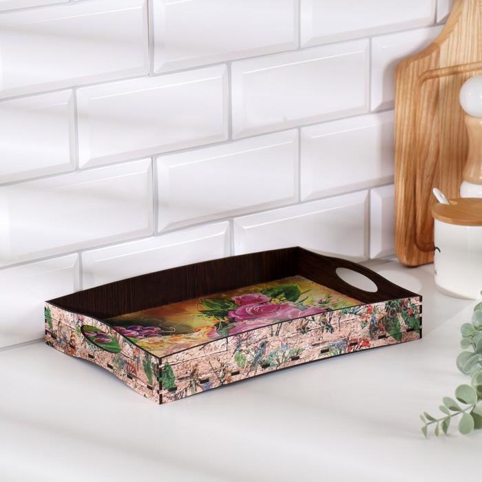 Поднос деревянный с ручками «Ваза с цветами», 30×20×4.5 см - Фото 1