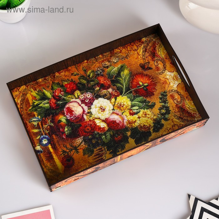 Поднос с ручками Дарим Красиво «Цветы», дерево, 30×20×4.5 см, разноцветный - Фото 1