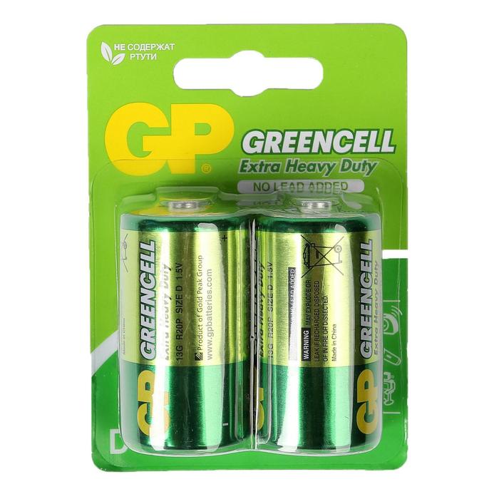 Батарейка солевая GP Greencell Extra Heavy Duty, D, R20-2BL, 1.5В, блистер, 2 шт.